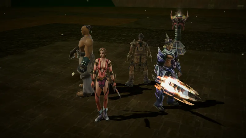 Four characters on the character select stage: a monk, a woman with twin blades, a fighter and a swordsman in blue armour.