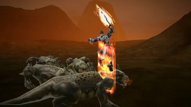 A swordsman leaps with his blade raised out of a column of fire from the Energy Explosion skill, Fire Dragons crowding around him on the red hills of the Volcano.