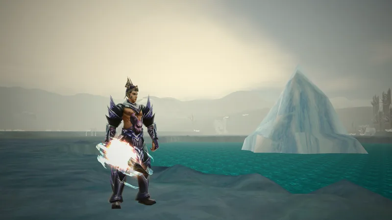 A swordsman stands on the shore of a turquoise lake on the Glacier, an iceberg floating beside him and misty mountains beyond.