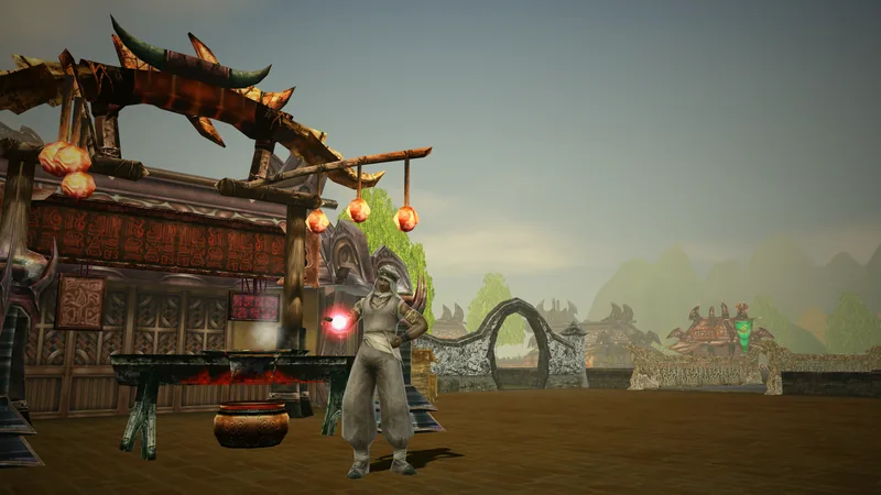 The Alchemist of Xiah Prairie holds a glowing orb beside his cauldron and forge under hanging lanterns, the village wall and hills behind him.