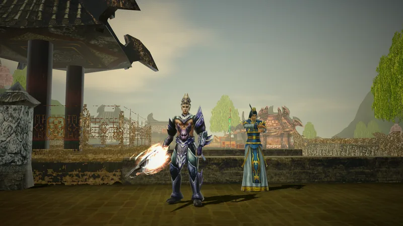 A swordsman stands beside Imperial Sorcerer JinHyun, in his blue and gold robe, next to a pagoda in the Xiah Prairie village.