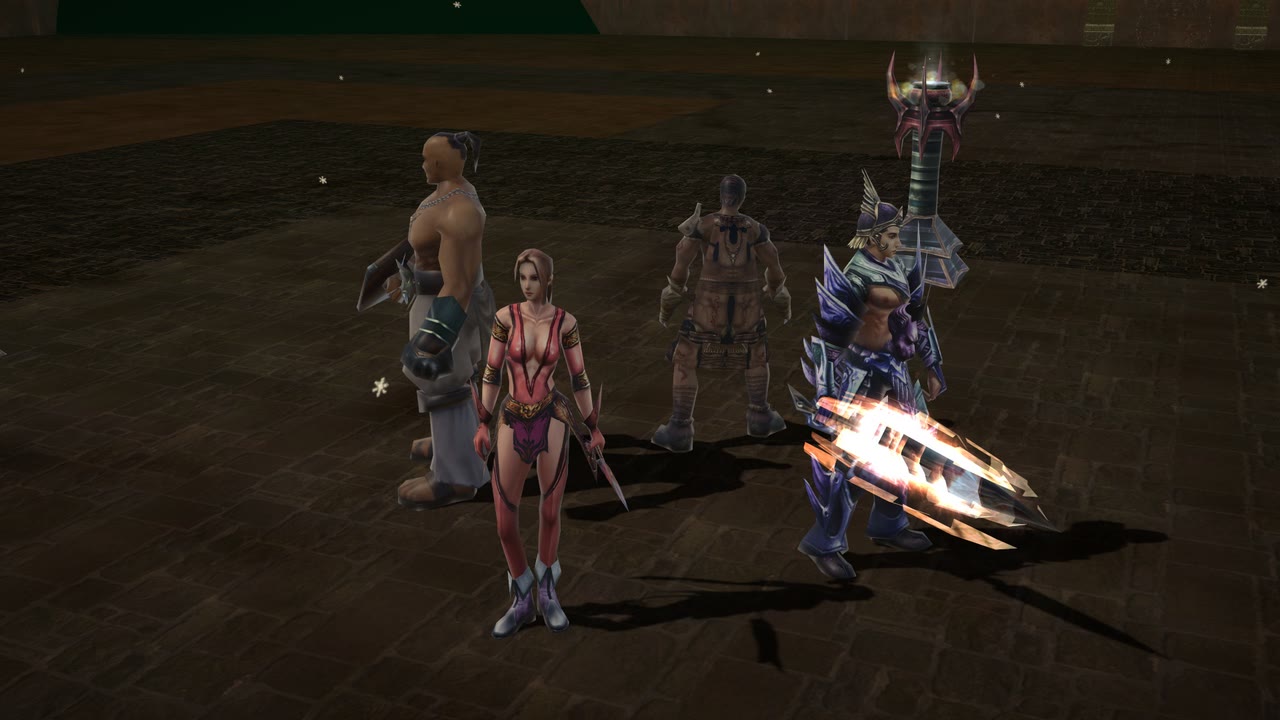 Four characters standing across the character selection stage
