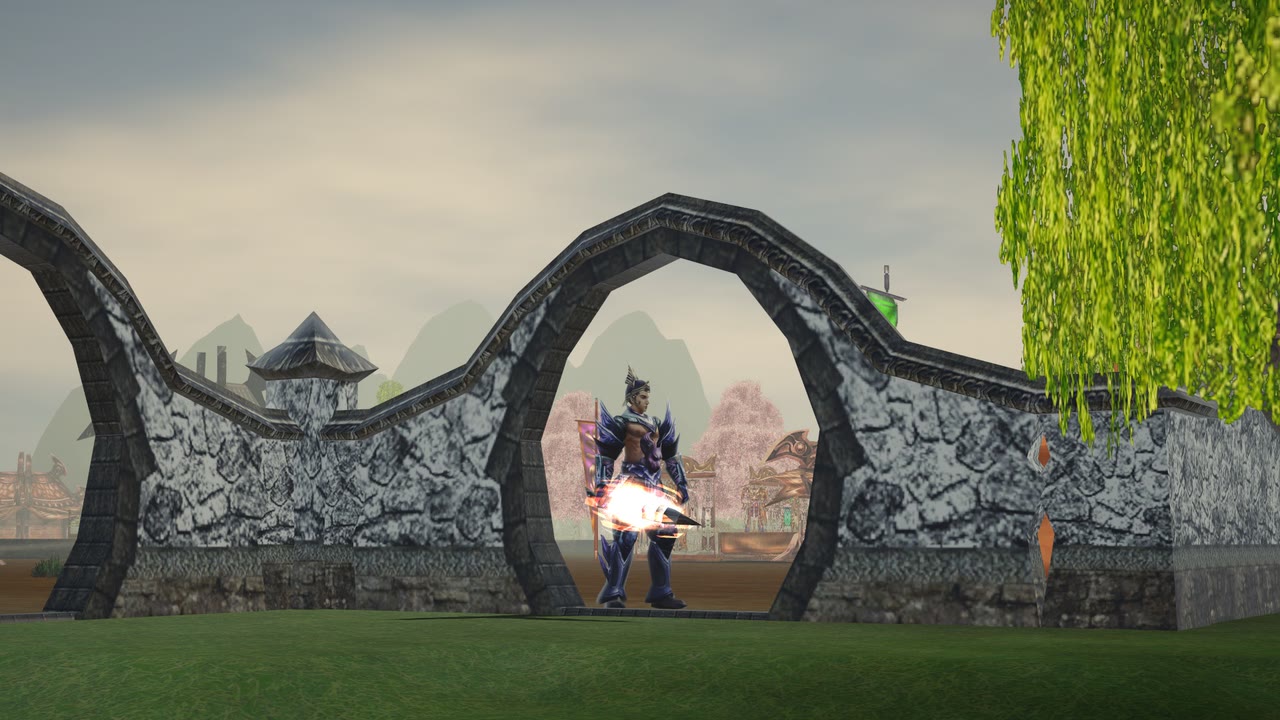An armoured character at the moon gate into Xiah Prairie village